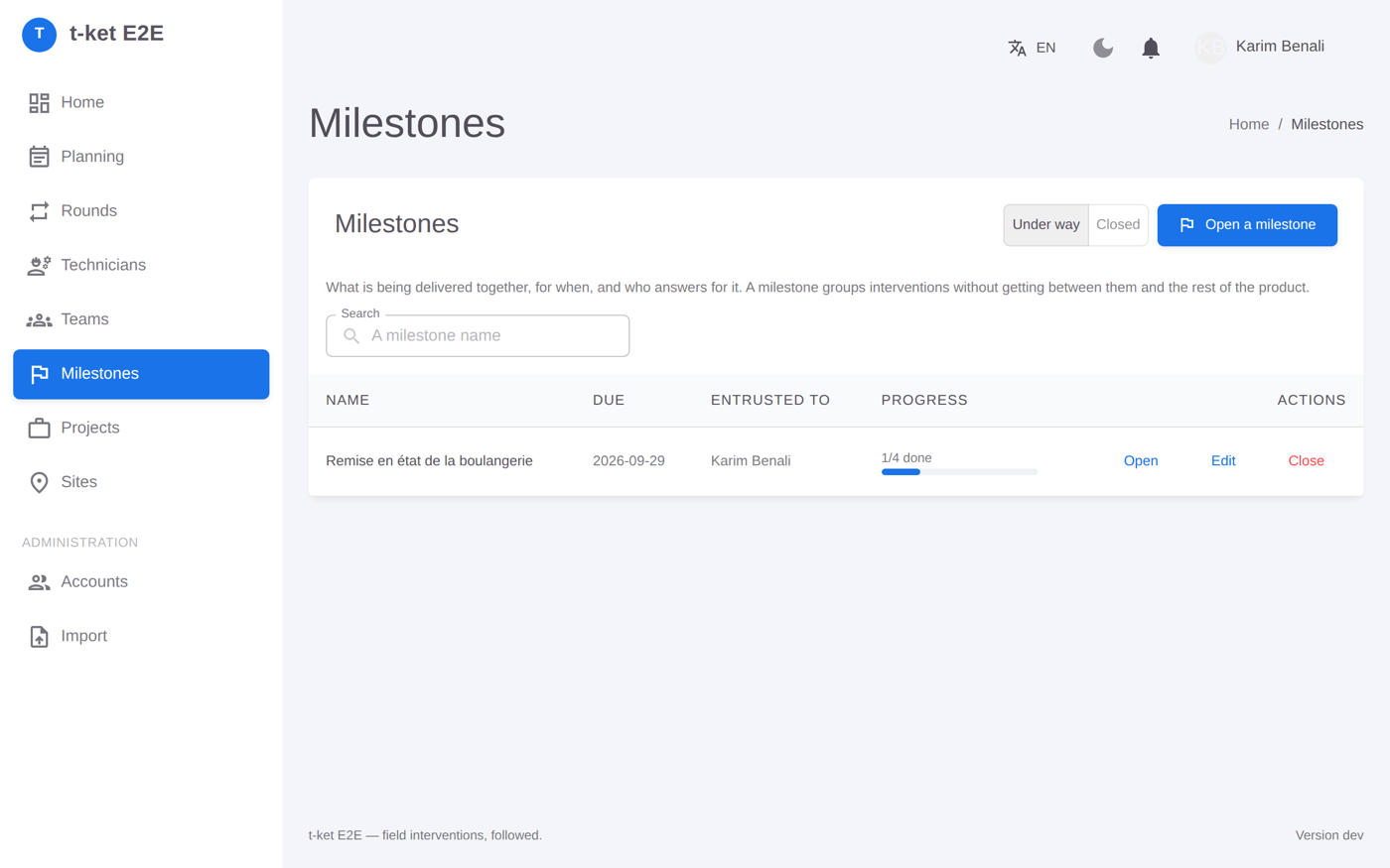 Milestones — delivery milestones with due date, owner and progress